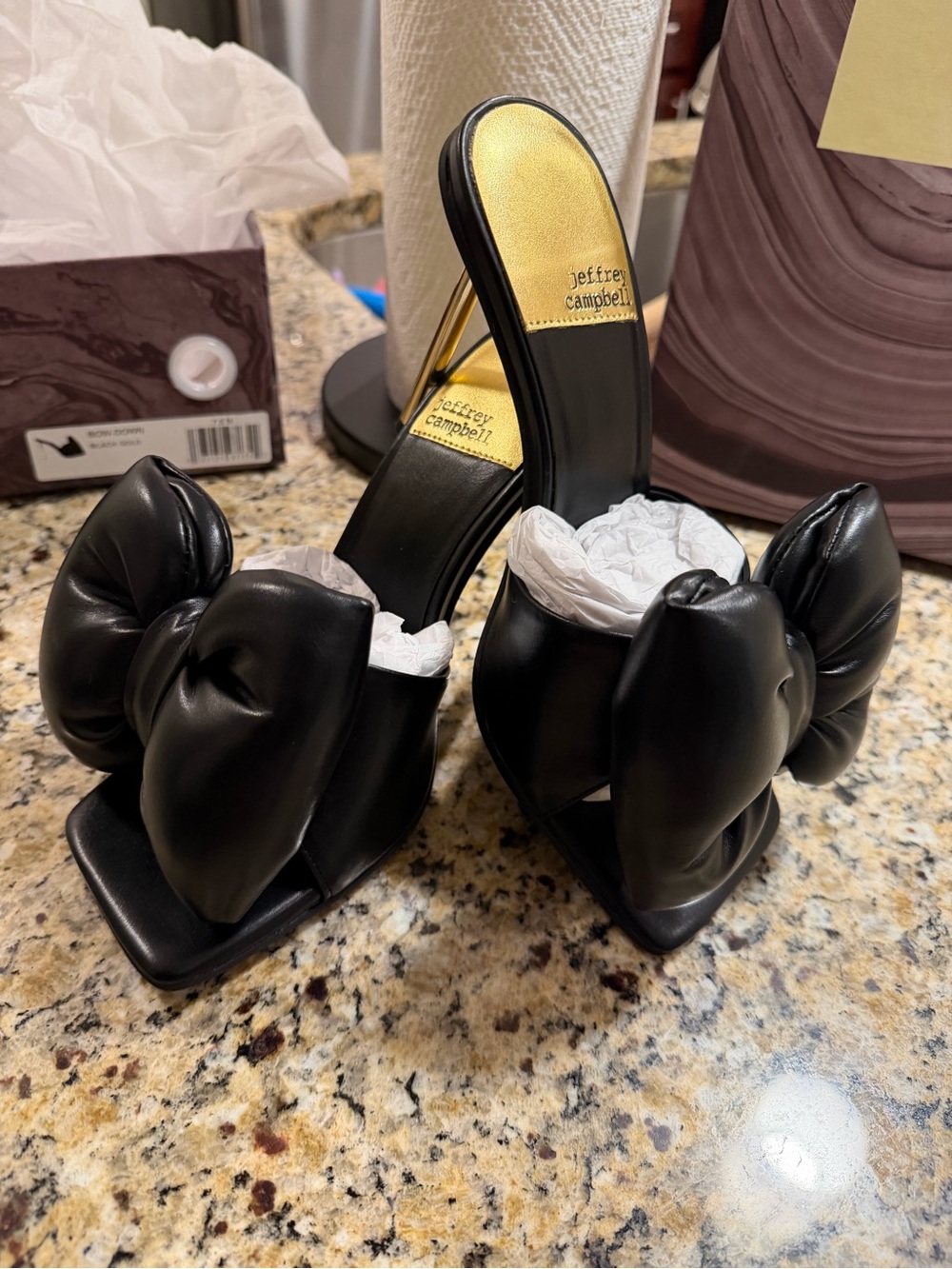 Jeffrey Campbell Black Bow Slide Heels with Gold Insole